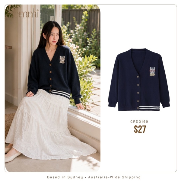 Classic Navy Embroidered Knit Cardigan