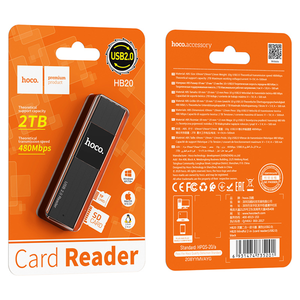 Thiết bị đọc Thẻ TF/SD cổng USB2.0, Tốc độ Max 480Mbps, Model HB20(USB2.0) , Hiệu HOCO. Hàng mới 100%.