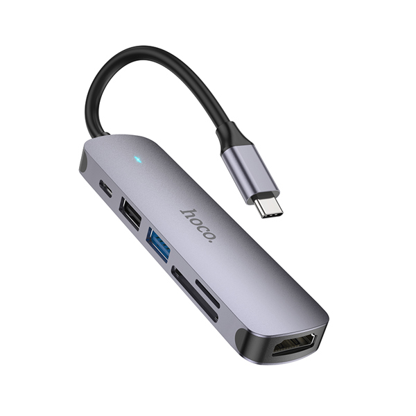 Bộ chuyển đổi kết nối đa năng 6 trong 1 từ cổng Type-C sang HDMI/USB/khe đọc thẻ nhớ/Type-C (hỗ trợ sạc PD 60W), dài 135mm, Model HB28. Hiệu HOCO. Hàng mới 100%.