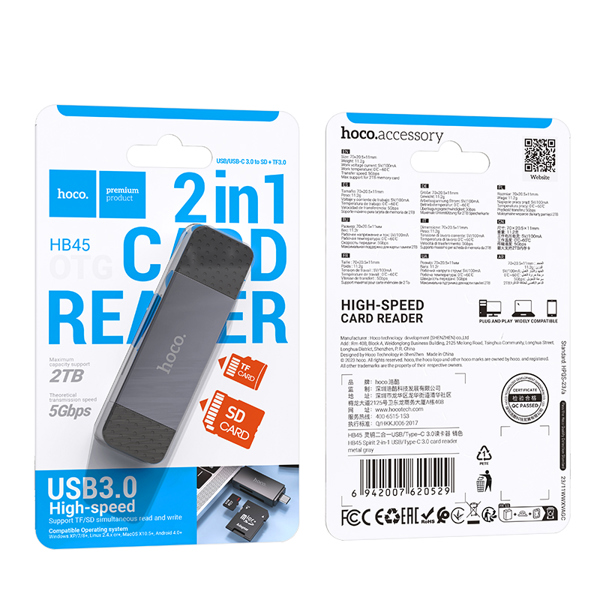 Thiết bị đọc thẻ nhớ TF/SD cổng USB 3.0, hỗ trợ dung lượng tối đa 2TB, Model HB45 USB3.0. Hiệu HOCO. Hàng mới 100%.