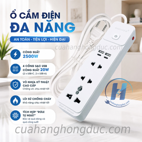Ổ Cắm Điện 3 Lỗ Cắm 4 USB Sạc Nhanh PD 20W (2 USB-C, 2 USB-A) OS02 OMINSU