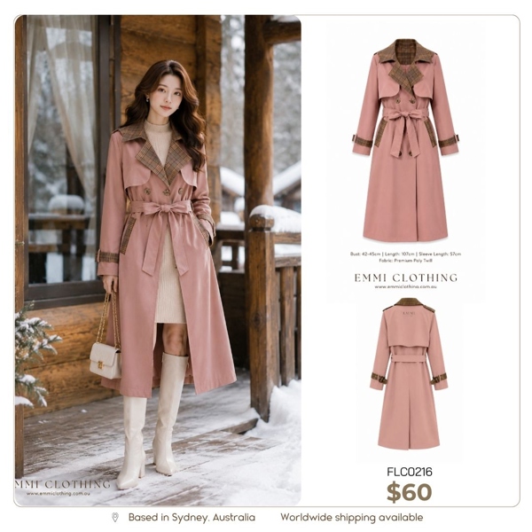 Blush Plaid Detail Trench Coat
