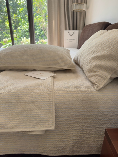 Bộ ga “Mộc tuyền” | 100% cotton tự nhiên - Chần trám, Màu be kẻ xanh - LX20.2