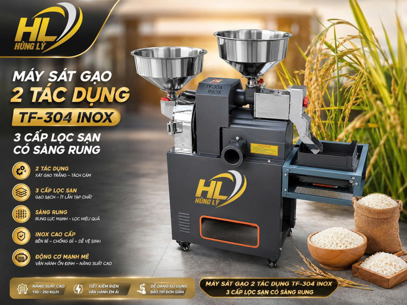 Máy Sát Gạo 2 tác dụng đảo chiều TF-304 inox 3 cấp lọc sạn có sàng rung
