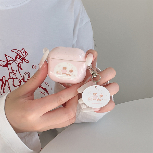 Case Airpod Hồng Chấm Bi Gấu + Móc - PRO 3
