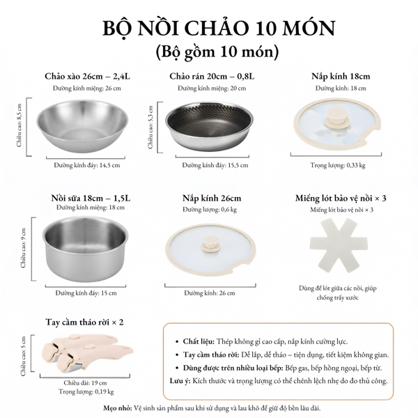 Bộ Nồi Không Cán Inox 304 Siêu Dày
