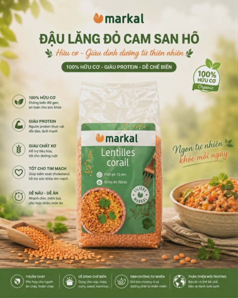 Hạt Đậu Lăng Đỏ Cam San Hô Hữu Cơ Markal 500g