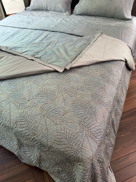 Bộ ga chần Vip "Lan Nham" | Lyocel Cotton - Chần full - Ga chần lá - LX12.1 - Xanh than