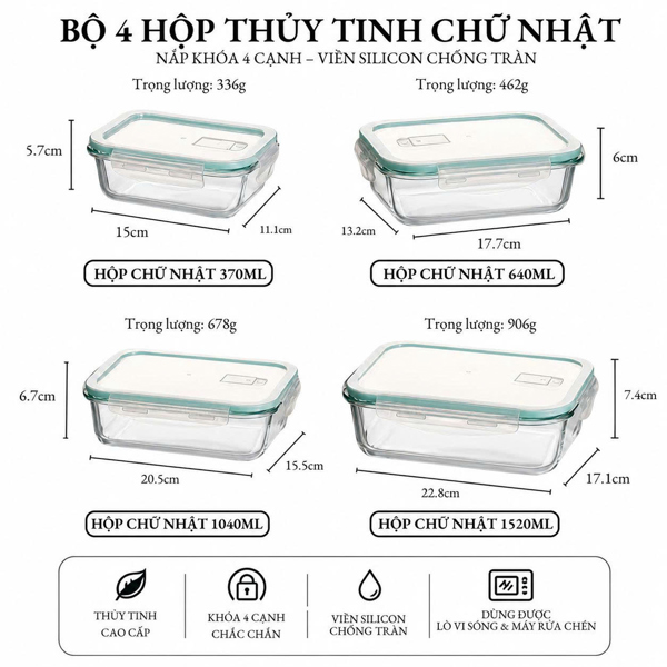 Hộp thủy tinh cao cấp [bộ chữ nhật 4 hộp]
