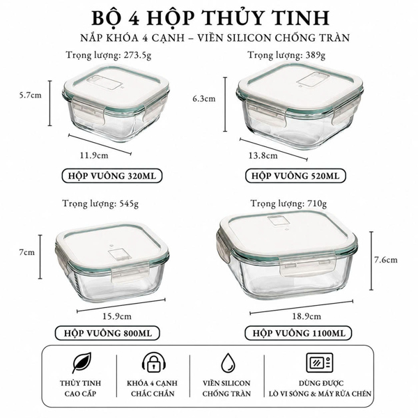 Hộp thủy tinh cao cấp [bộ vuông 4 hộp]