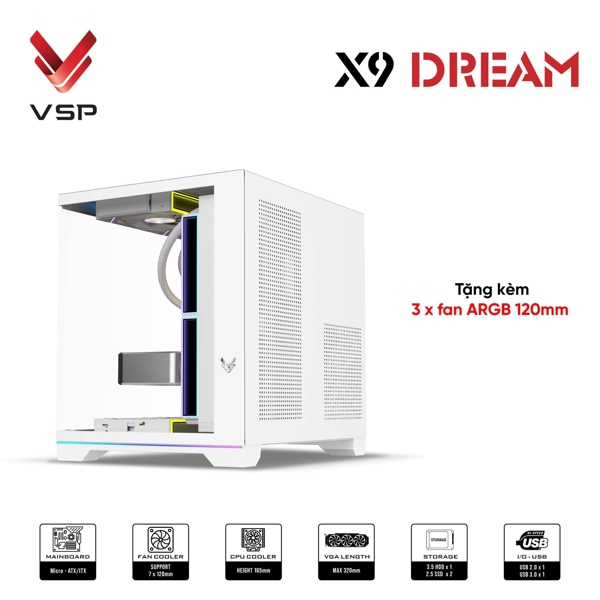 VSP X9 Dream Trắng USB 3.0 | Case bể cá | có sẵn 3 fan ARGB | Dãi LED RGB strip ở đáy