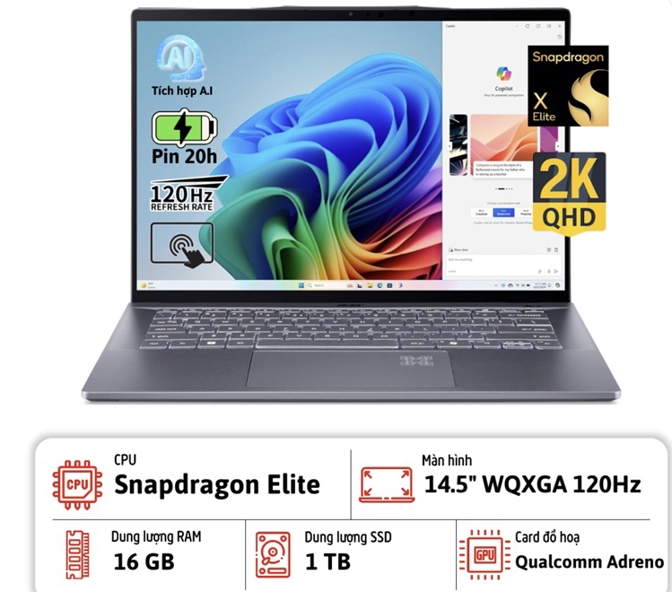 Laptop Acer Swift 14 Al SF14-11T-X3RZ (Snapdragon Elite/ 16GB/ 1TB/ Qualcomm Adreno/ 14.5" 2.5K Cảm ứng/ Windown 11/ Steel Gray)