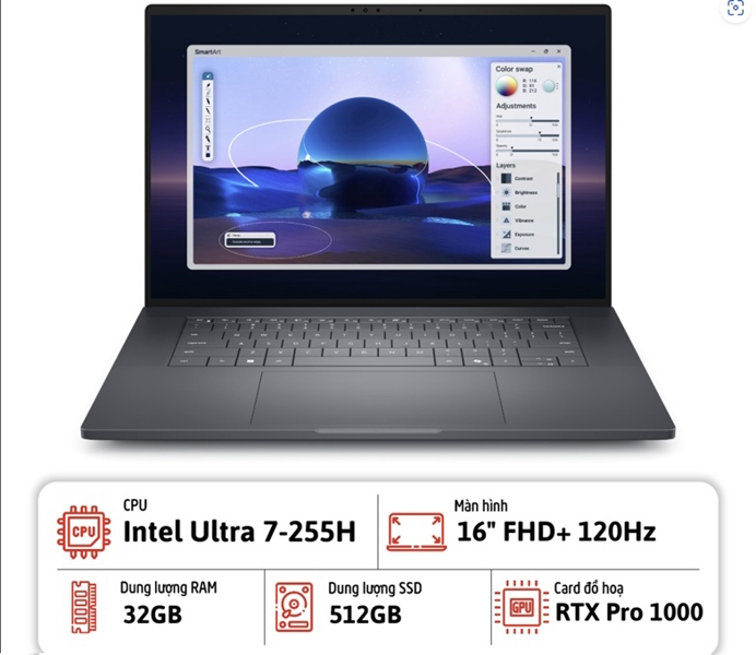 Laptop Dell Pro Max 16 Premium MA16250 ( Ultra 7 255H/ 32GB/ 512GB/ RTX Pro 1000 8GB/ 16" FHD/ Windown 11/ Black)