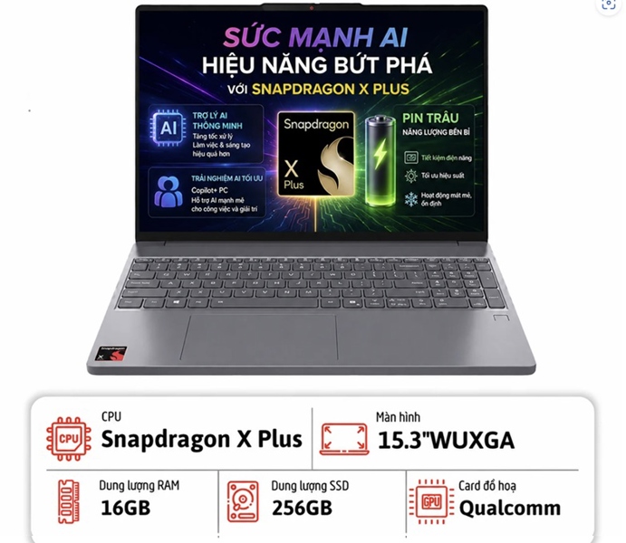 Laptop Lenovo IdeaPad Slim 3 15Q8X10 (Snapdragon X/ 16GB RAM/ 256GB SSD/ 15.3" WUXGA, Touchscreen /Win 11/ Luna Grey)