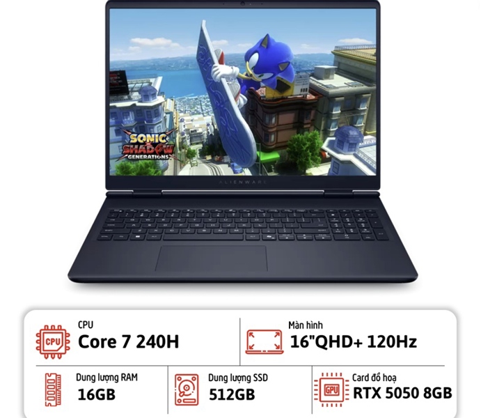 Laptop Dell Alienware 16 Aurora AC16250 (Core 7 240H/ 16GB/ 512GB/ RTX 5050 8GB/ 16" QHD+/ Windown 11/ Midnight Blue)