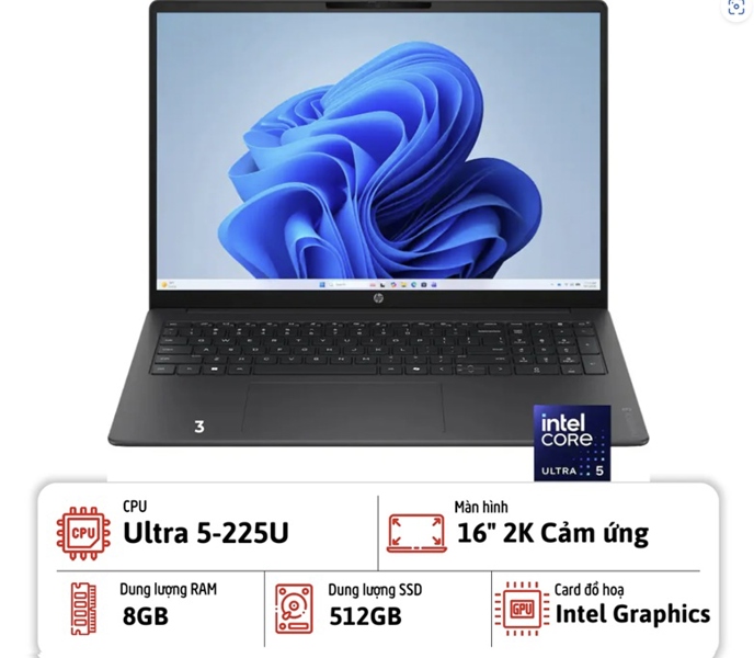 Laptop HP OmniBook 3 16-bu0315dx (Ultra 5 225U | 16GB | 512GB | 16" 2K Touchscreen | Win 11 | Xám)