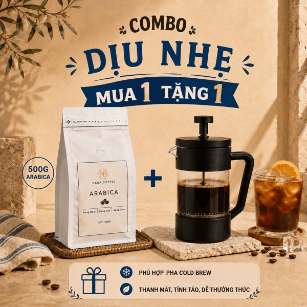 [COMBO DỊU NHẸ] 500G Cà Phê Arabica (Xay Thô) & Bình Pha French Press Đa Năng 350ML NABA COFFEE