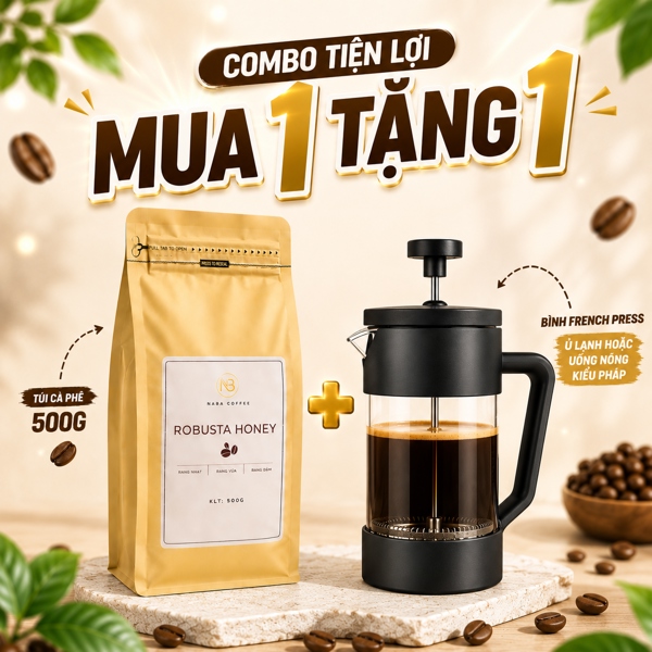[COMBO TIỆN LỢI] 500g Cà Phê Robusta Honey (Xay Thô) & Bình Pha French Press Thủy Tinh Đa Năng 350ML NABA COFFEE