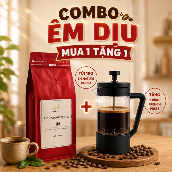 [COMBO ÊM DỊU] 1KG Cà Phê Signature Blend (7Robusta:3Arabica) (Xay Thô) & Bình Pha French Press 350ML Đa Năng NABA COFFEE
