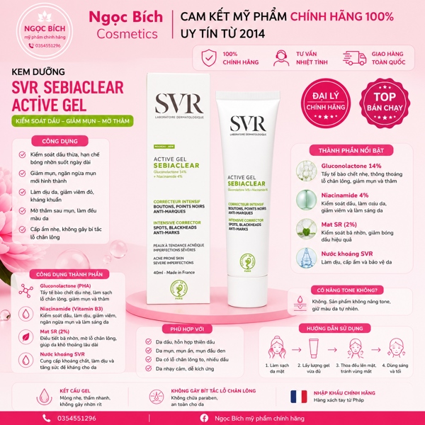 Kem dưỡng kiềm dầu, giảm mụn và thu nhỏ lỗ chân lông SVR Mat + Pores (40ml) [Hàng Xách]