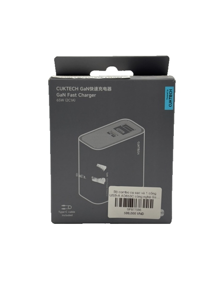 Bộ combo củ sạc và 1 cổng USB-A AD653C công nghệ GaN hỗ trợ PD3.0/PPS/QC3.0 sạc có dây cho điện thoại, laptop chân cắm dẹt màu xám và dây C-C 1.5m CukTech