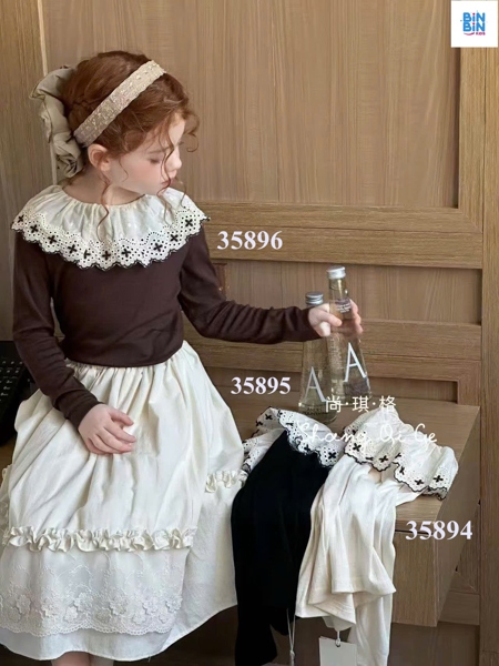35896-Áo DT Nâu Cổ Bèo Viền Hoa