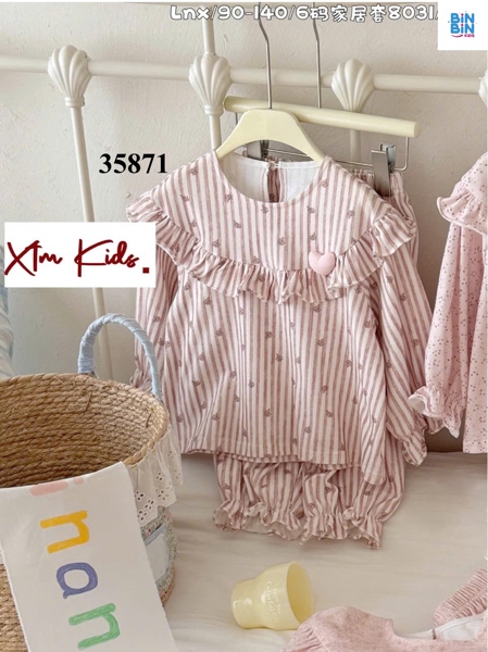 35871 Bộ Thun TD Cổ Bèo Sọc Hoa Đính Tim