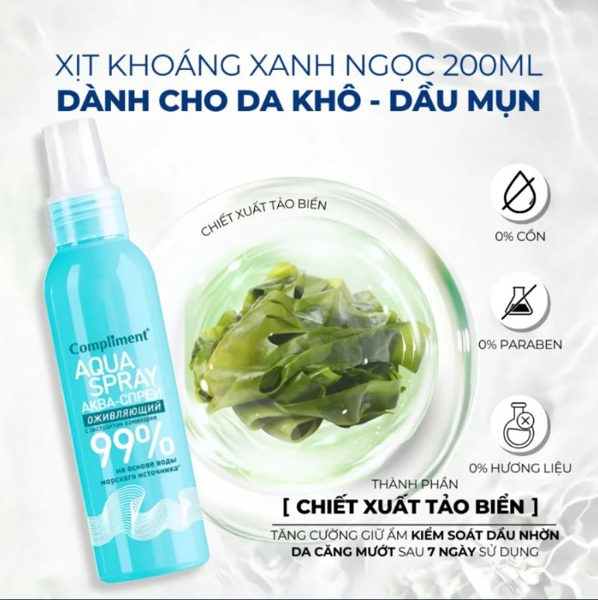 Xịt Khoáng Cao Cấp Compliment Aqua Spray Cấp Ẩm Tức Thì, Giảm Kích Ứng, Tăng Cường Phục Hồi Cho Da Dầu 99% (Nga) 200ml