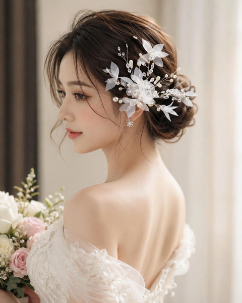 Cài Tóc Cô Dâu Hoa Voan Trắng Đính Ngọc Trai Pha Lê Cao Cấp GIANGPKC – Mẫu Mới Tháng 7/2026