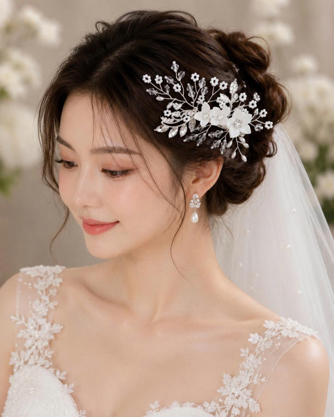 Cài Tóc Cô Dâu Hoa Trắng Đính Pha Lê & Ngọc Trai Cao Cấp Phong Cách Hàn Quốc – Giangpkc Mẫu Mới 07/2026