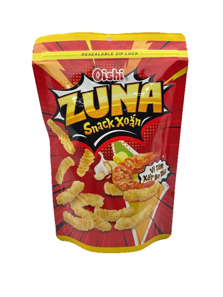 Snack xoắn vị tôm xốt bơ tỏi Oishi Zuna - Thùng 20 gói x 65gr