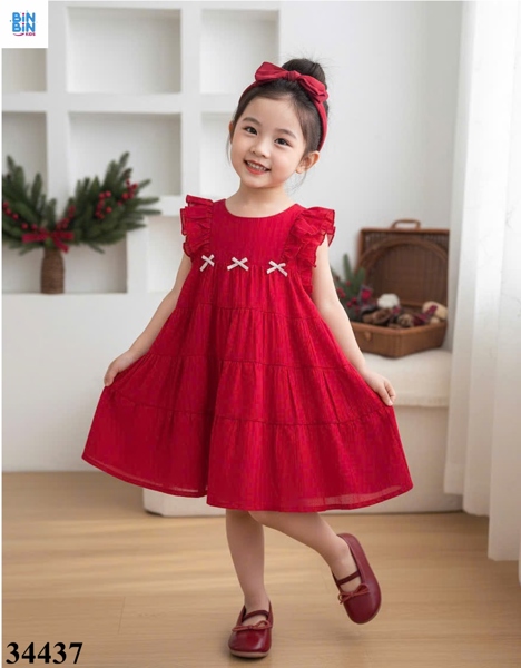 34437- Đầm tơ đỏ 3 nơ AZURI
