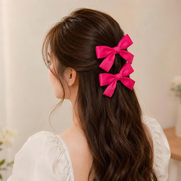 Set Kẹp Tóc Nơ Satin Hồng Sen Đuôi Dài Phong Cách Hàn Quốc