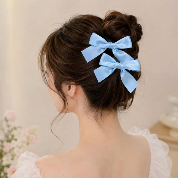 Set 2 Kẹp Tóc Nơ Satin Xanh Pastel Cao Cấp Phong Cách Hàn Quốc