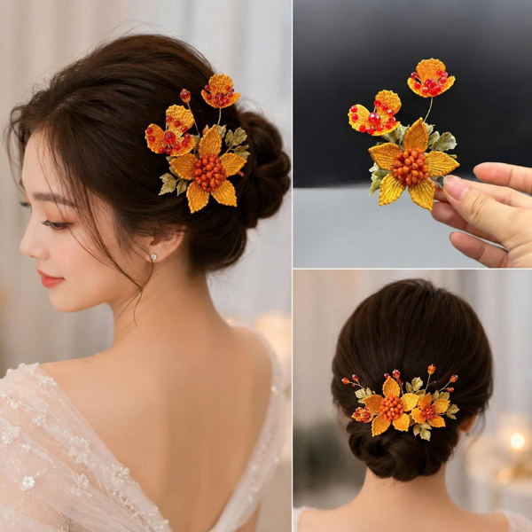 Cài Tóc Cô Dâu Hoa Vàng Cổ Điển Đính Đá Đỏ Sang Trọng Giangpkc tháng 8-2026