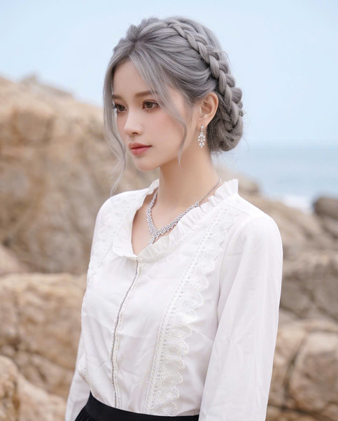 M11930SI - Áo sơ mi kiểu trắng phối ren