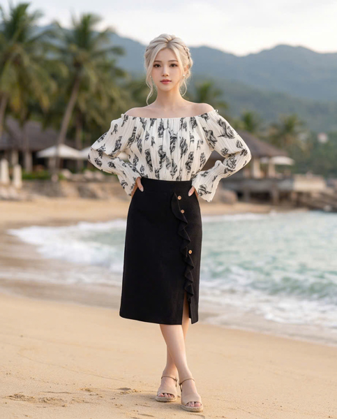 M11730SI - Áo trễ vai nhún tiểu thư