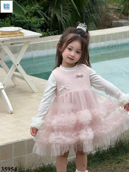 35954- Đầm CC SN TD hồng kitty kim tuyến