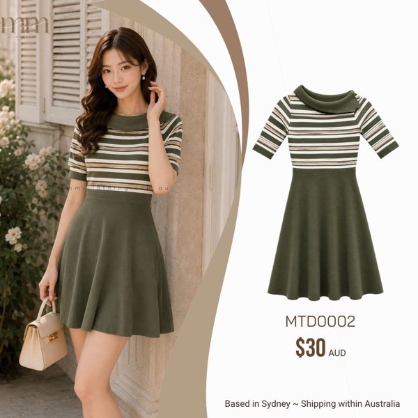 Olive Stripe Fit & Flare Knit Dress