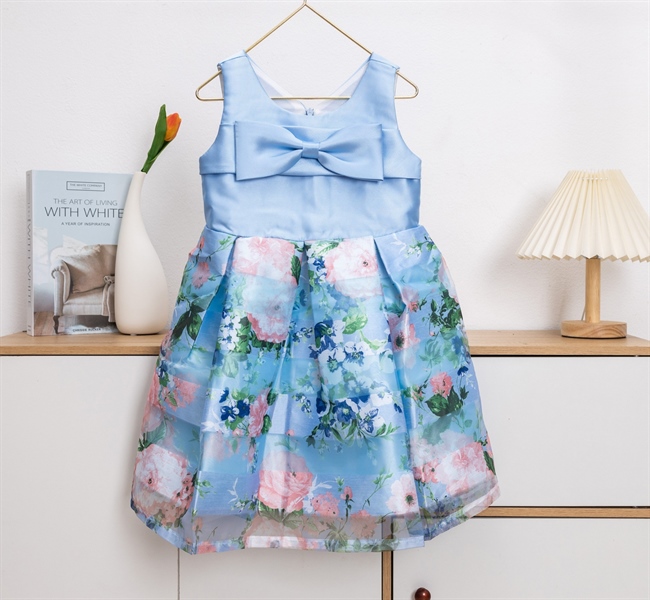Đầm Bé Gái Hoa Nhí Phối Nơ Ngực Cao Cấp Size 4-14 Cho Bé 12-35kg