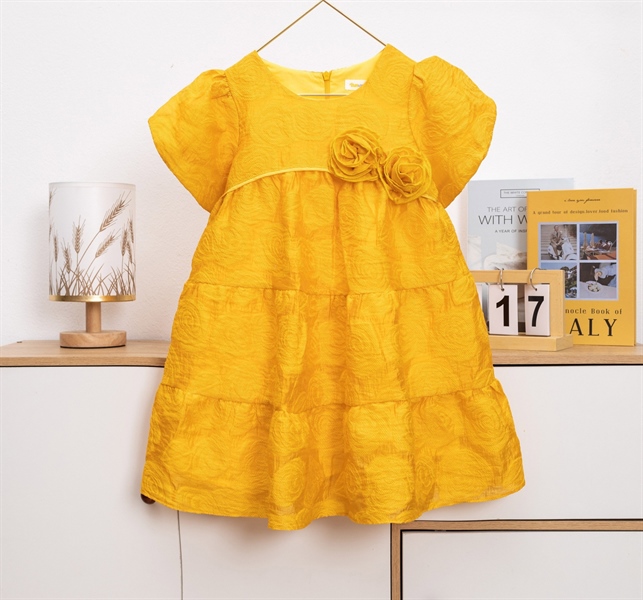 Đầm Bé Gái Hoa Nổi 3D Tay Phồng Công Chúa Size 4-14 Cho Bé 12-35kg