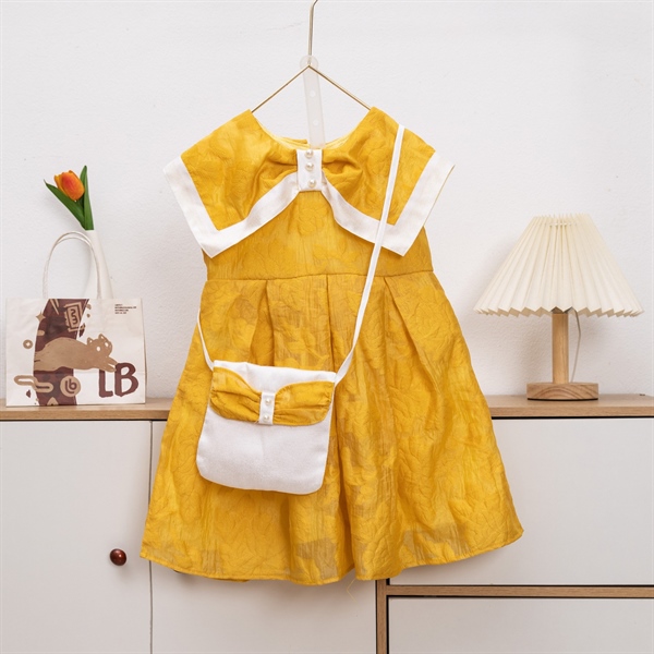 Đầm Bé Gái Hoa Nổi Cổ Thủy Thủ Kèm Túi Xách | Size 4-14