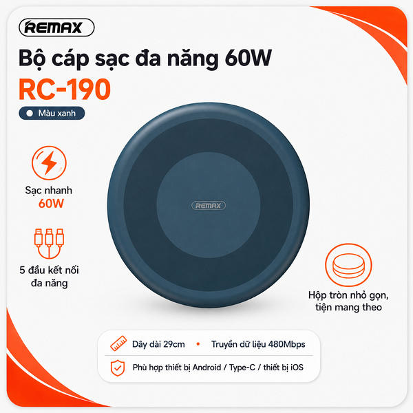 Bộ hộp cáp sạc truyền dữ liệu đa năng 60W (kèm đầu nối chuyển đổi), Model RC-190. Hiệu REMAX. Hàng mới 100%.