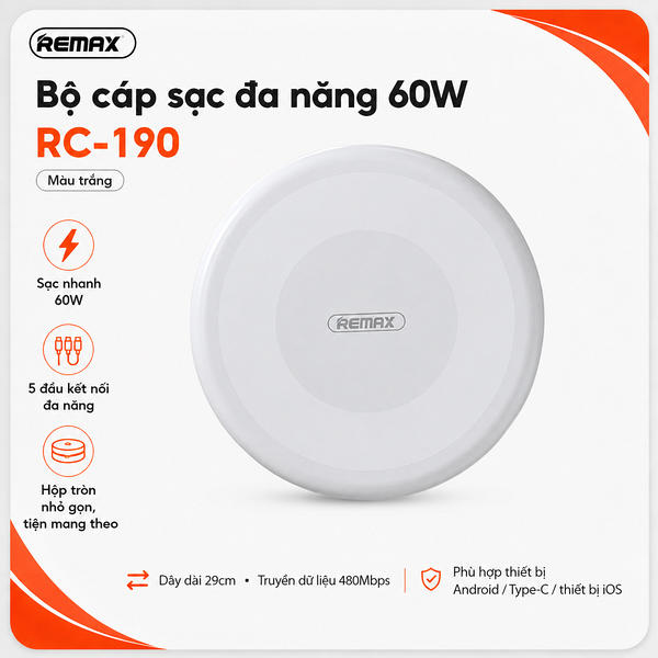 Bộ hộp cáp sạc truyền dữ liệu đa năng 60W (kèm đầu nối chuyển đổi), Model RC-190. Hiệu REMAX. Hàng mới 100%.
