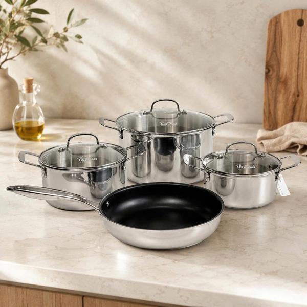 BỘ 4 NỒI CHẢO INOX LIỀN KHỐI SKY LINE (NỒI 18CM/NỒI 20CM/NỒI 26CM/CHẢO CẠN 26CM) MODEL PS - 261007