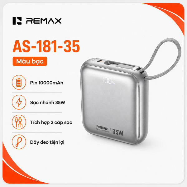 Pin sạc dự phòng dùng cho điện thoại tích hợp dây sạc 10000mAh,QC+PD 35W, Model AS-181-35. Hiệu REMAX. Hàng mới 100%.
