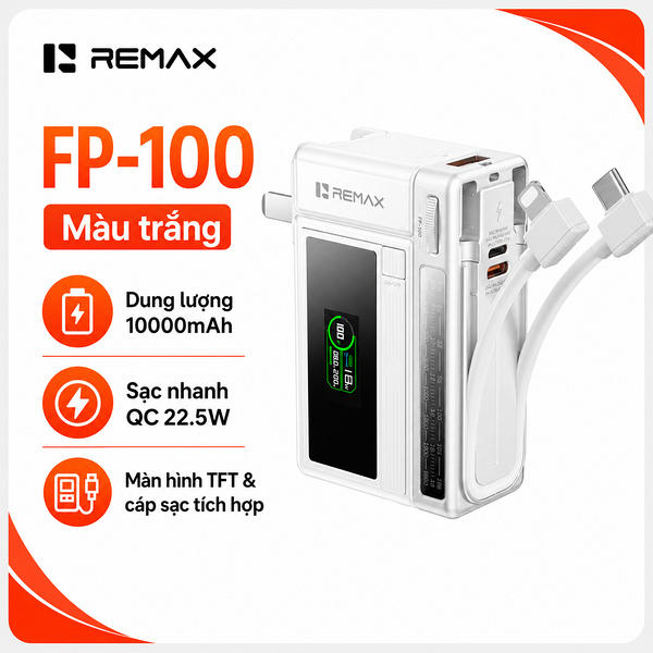 Pin sạc dự phòng dùng cho điện thoại tích hợp dây sạc và chân cắm AC 10000mAh,QC+PD 22.5W, Model FP-100. Hiệu REMAX. Hàng mới 100%.