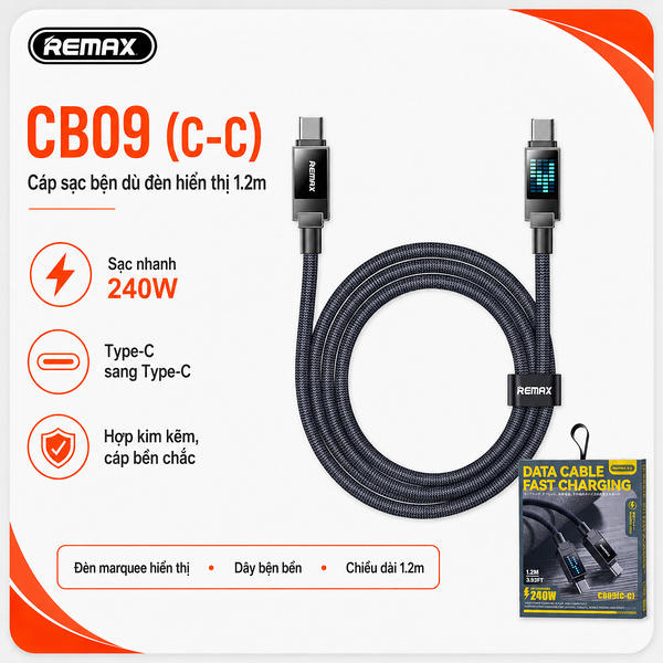 Cáp sạc và truyền dữ liệu cổng Type-C To Type C , 240W, dài 1m2, Model CB09(C-C), Hiệu REMAX. Hàng mới 100%.