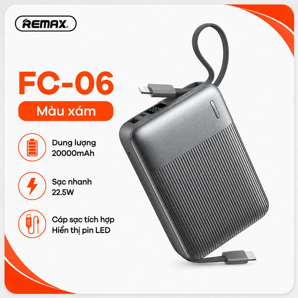 Pin sạc dự phòng dùng cho điện thoại tích hợp dây sạc 20000mAh,QC+PD 22.5W, Model FC-06. Hiệu REMAX. Hàng mới 100%.
