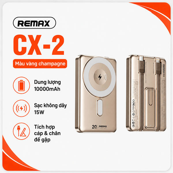 Pin sạc dự phòng dùng cho điện thoại tích hợp dây sạc 10000mAh,QC+PD 15W+20W, Model CX-2. Hiệu REMAX. Hàng mới 100%.